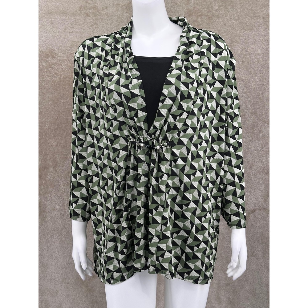NY Collection Top Womens 2X Green Black Geometric Office Modest Stretch Church